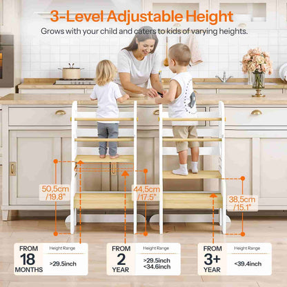 Three-level adjustable height ladder with measurements and usage information in a kitchen setting.