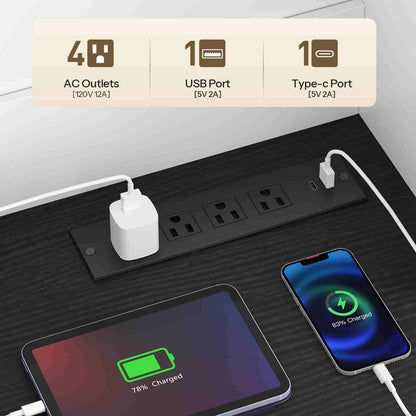 Power strip with multiple outlets and ports, connected to a tablet and phone showing charging status.