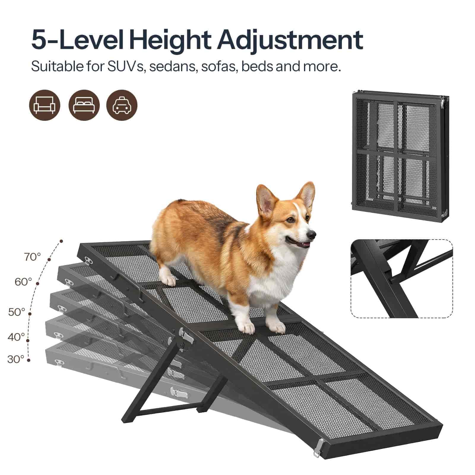 Dog ramp with 5-level height adjustment feature, suitable for various surfaces, shown with a dog on top.