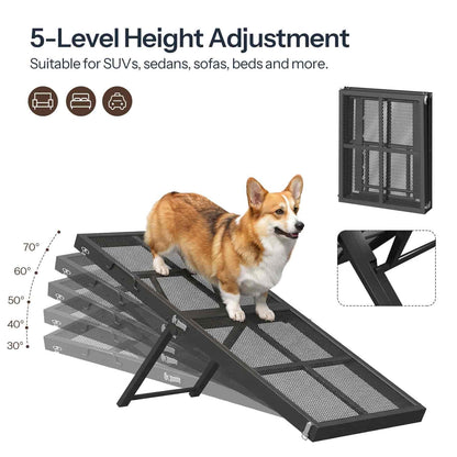 Dog ramp with 5-level height adjustment feature, suitable for various surfaces, shown with a dog on top.