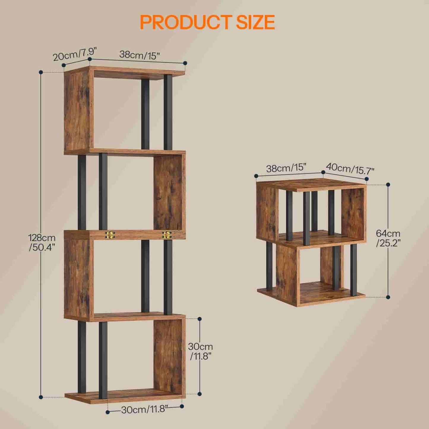 Wooden shelves with dimensions labeled on a beige background