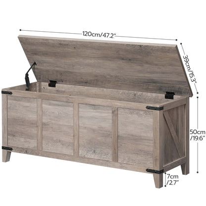 Wooden storage bench with dimensions on a white background