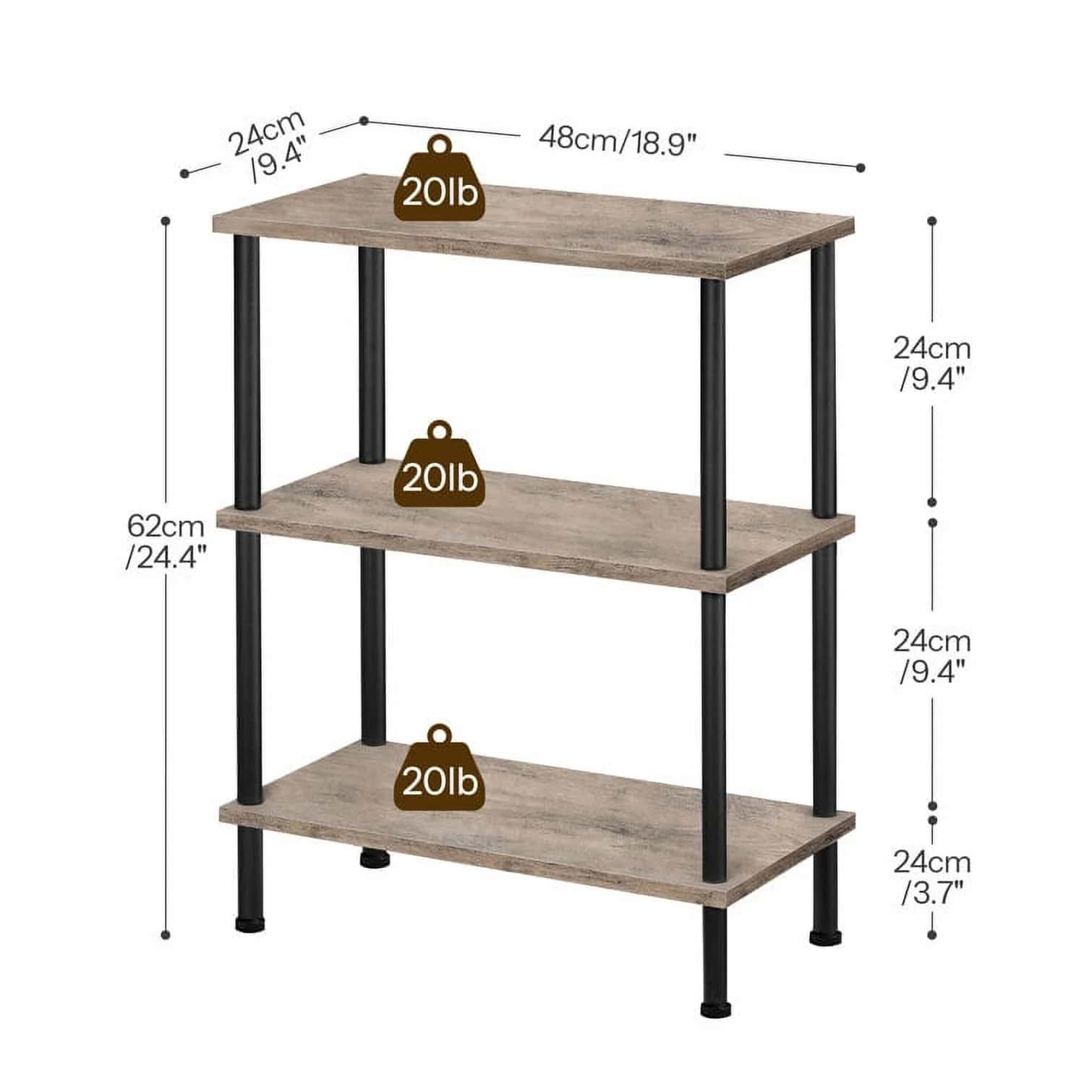 Three-tiered shelf with dimensions and weight labels on a white background
