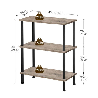 Three-tiered shelf with dimensions and weight labels on a white background