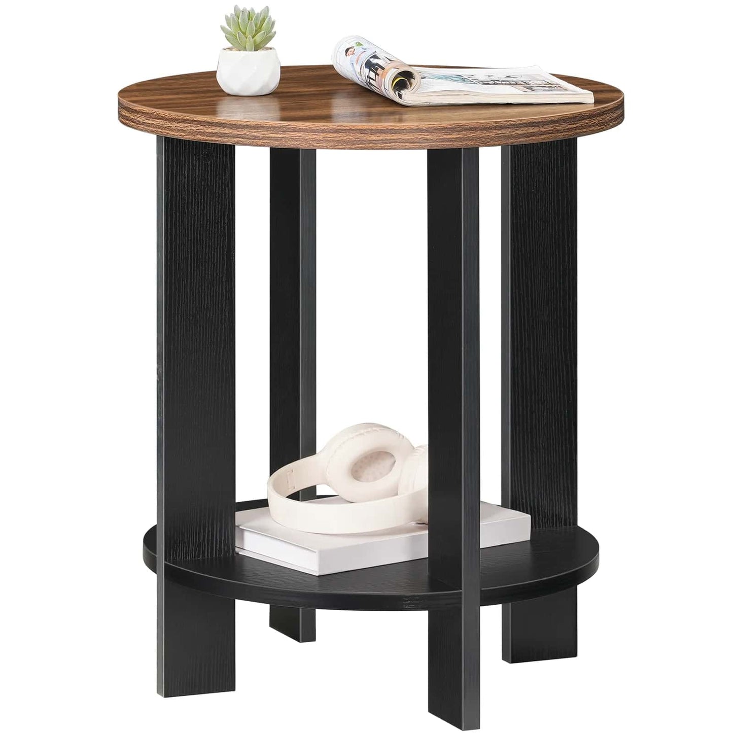 Small round wooden table with black legs on a white background