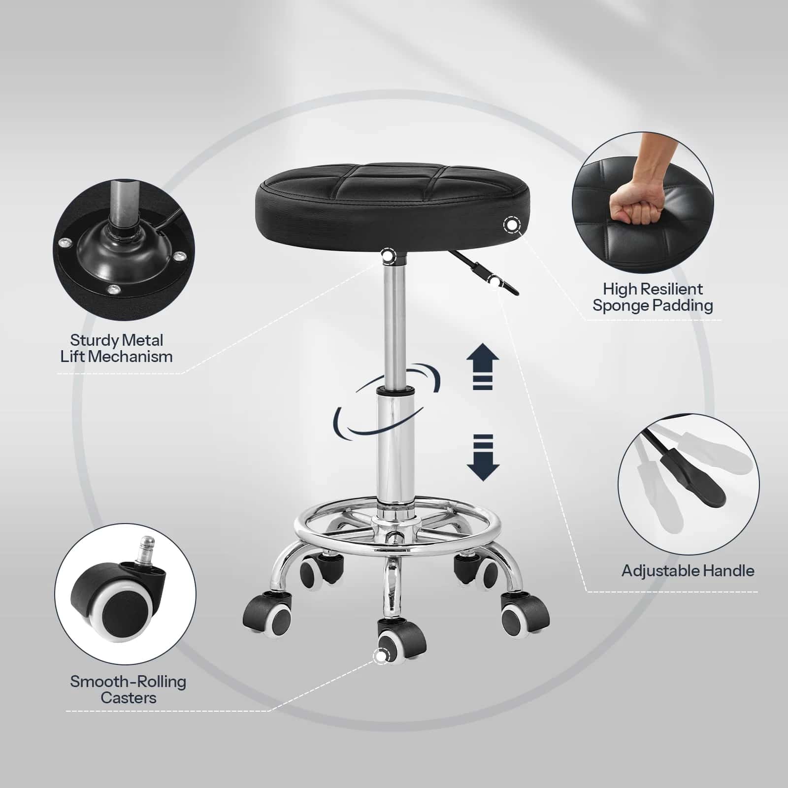 Black adjustable stool with features highlighted on a gray background