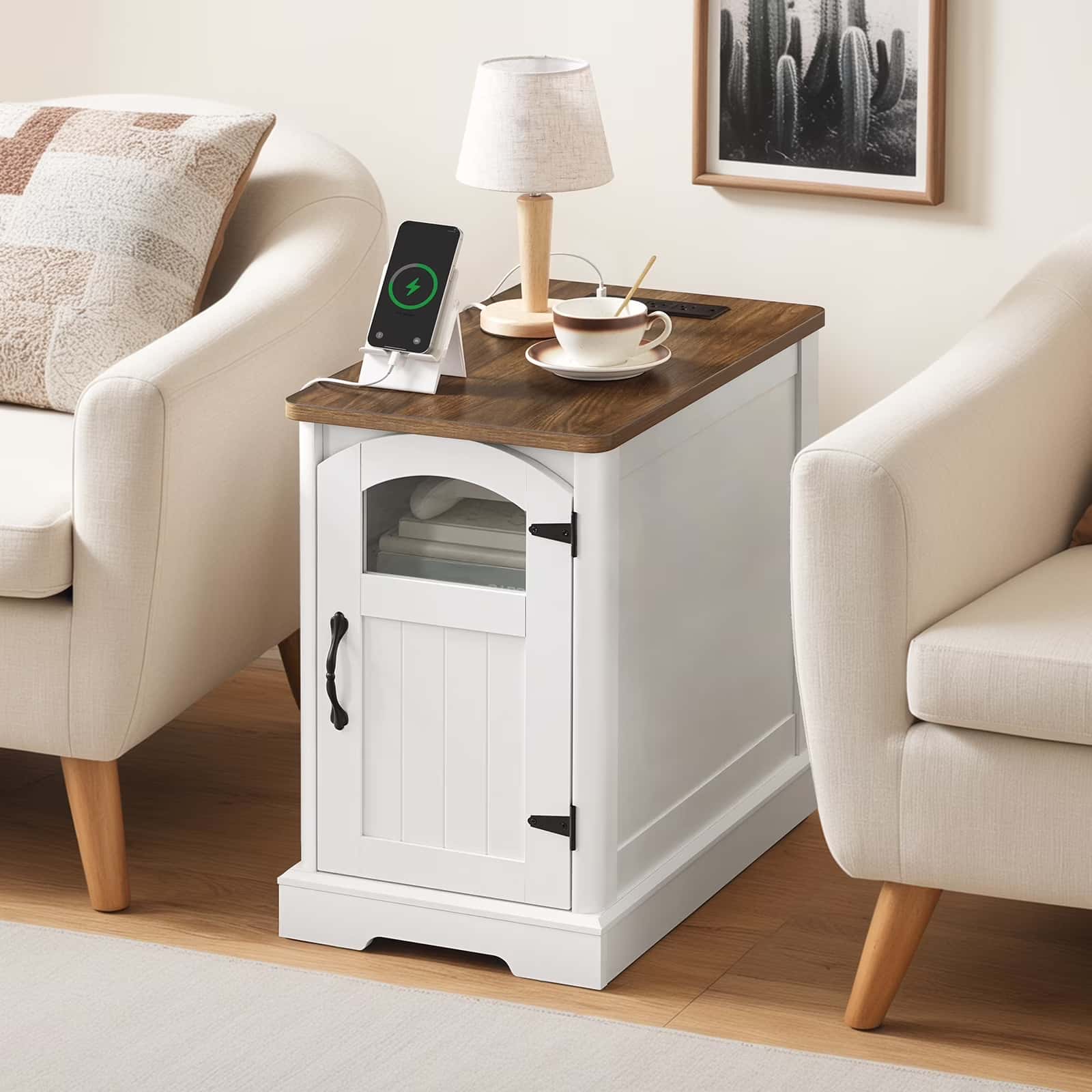 White side table with wooden top in a living room setting