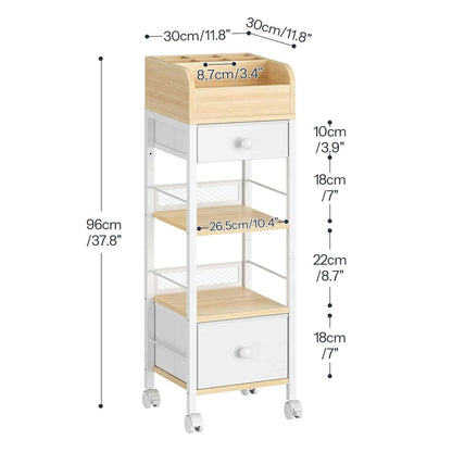 Measurement chart of a small storage cart with wooden top and white sides on a white background.