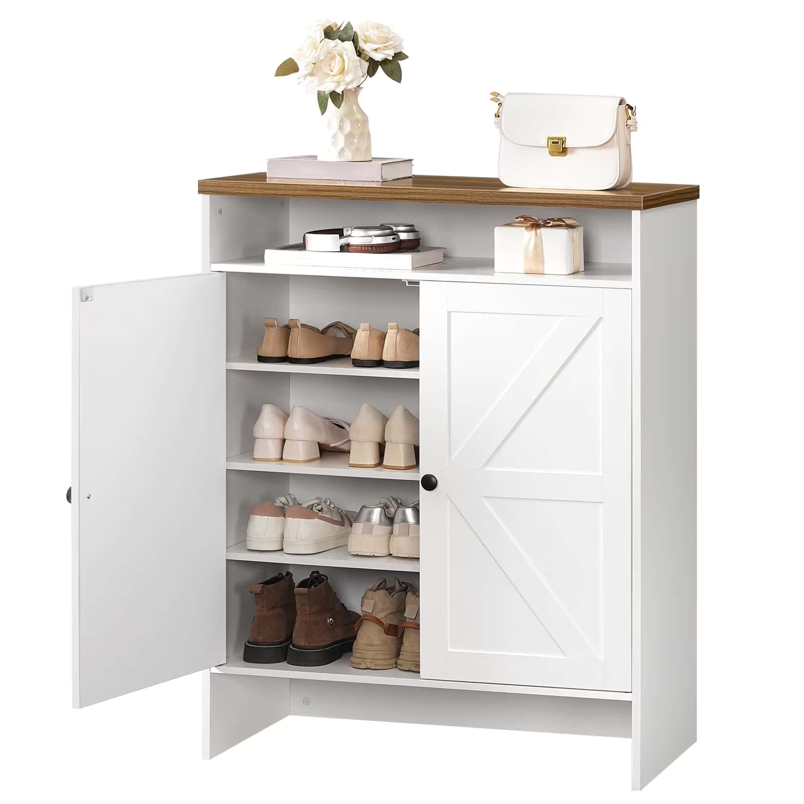White shoe cabinet with wooden top displaying shoes and decor items on a white background
