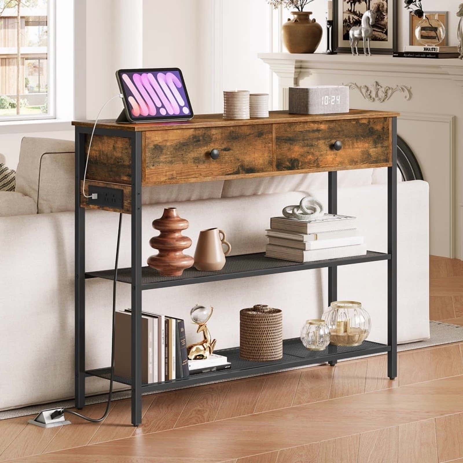 Wooden console table with shelves in a living room setting
