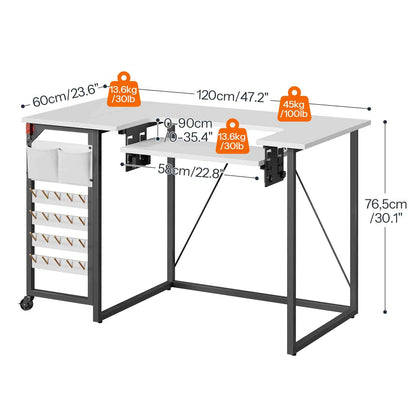L-shaped desk with measurements and weight capacity indicators on a white background