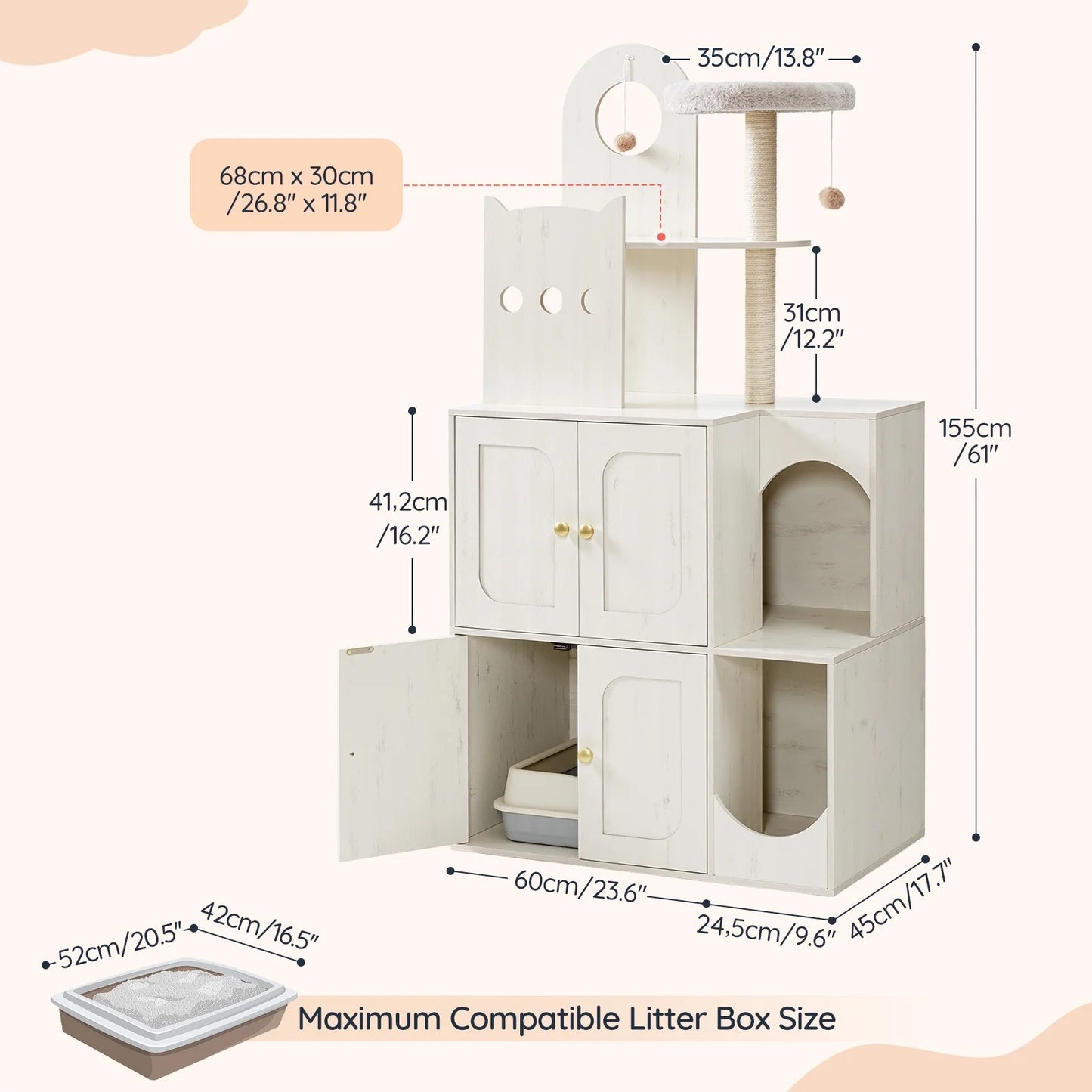 White cat tree with dimensions labeled on a white background