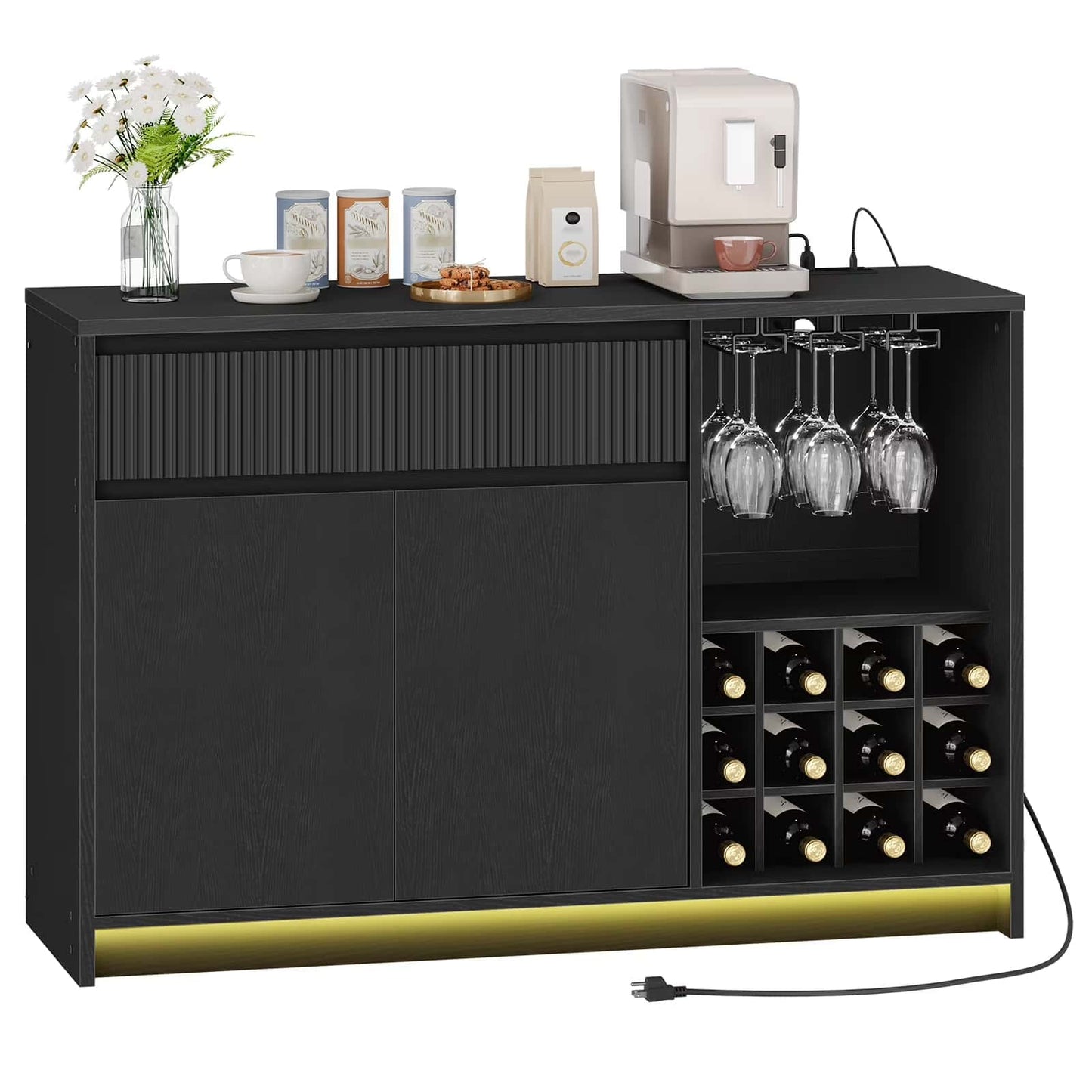 Black bar cabinet with wine bottles, glasses, and a coffee maker on a white background