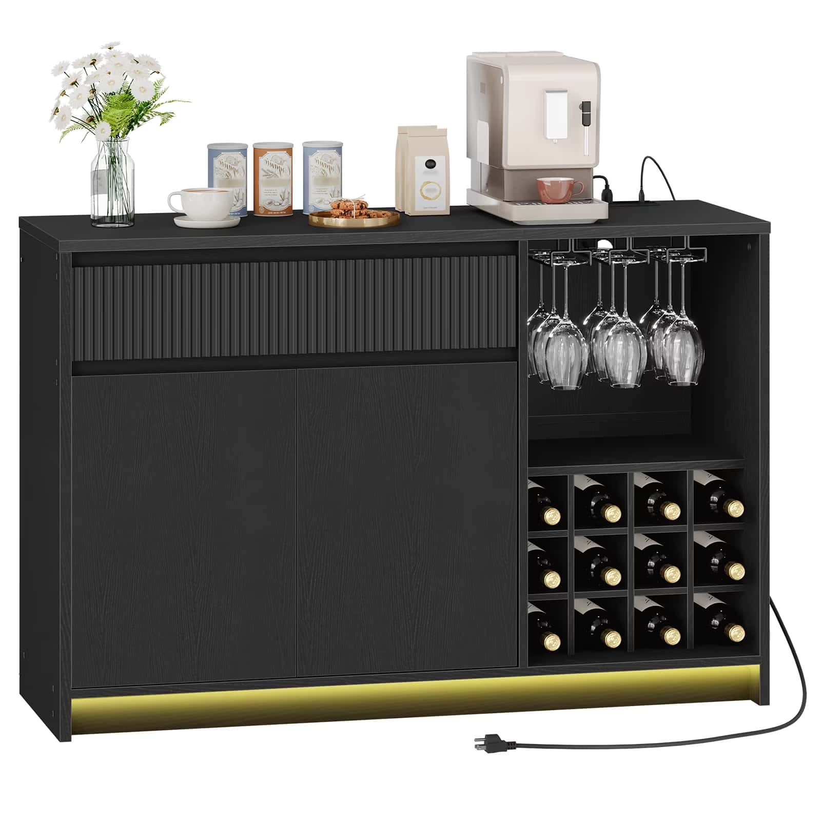 Black bar cabinet with wine bottles, glasses, and a coffee maker on a white background