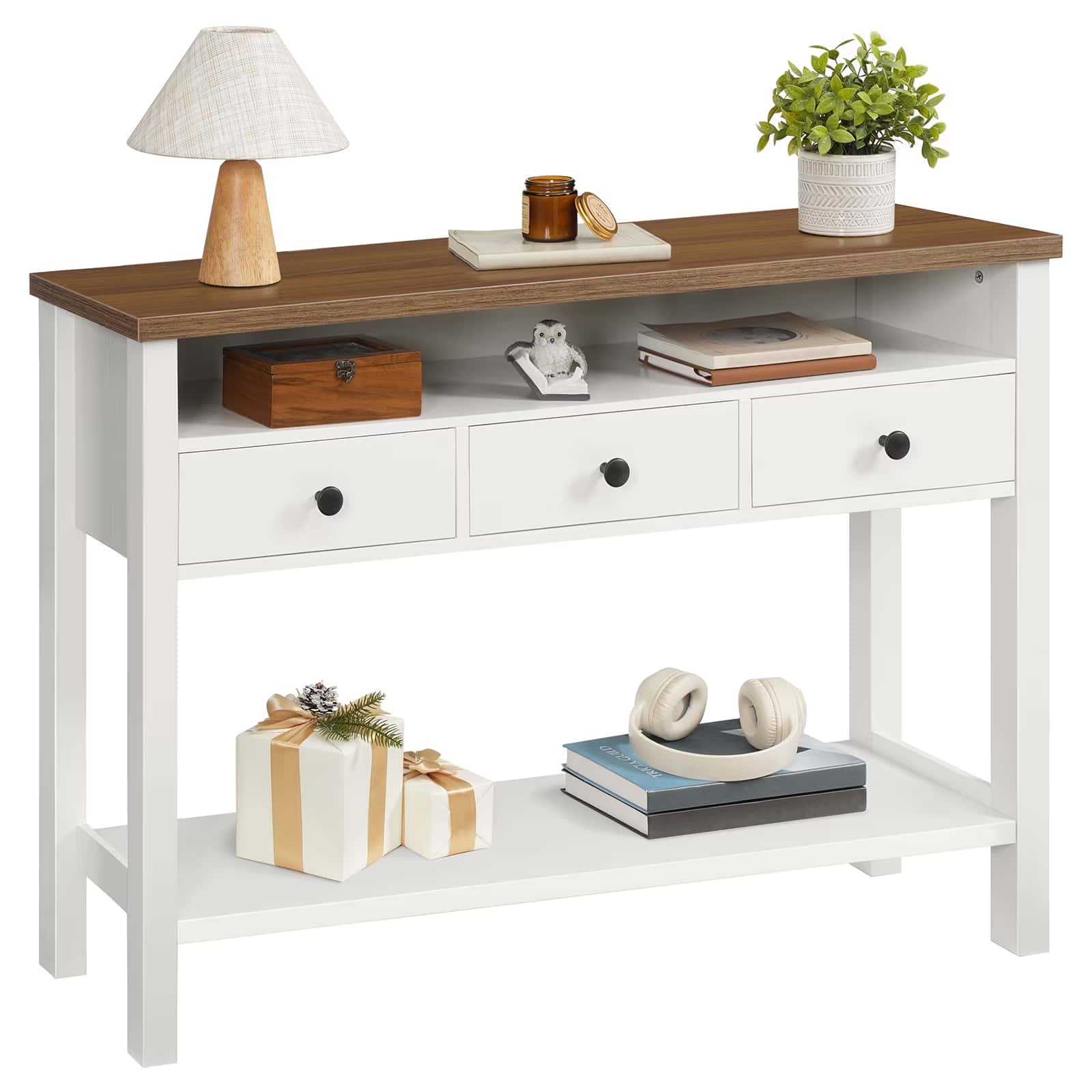 White console table with wooden top and decorative items on a white background