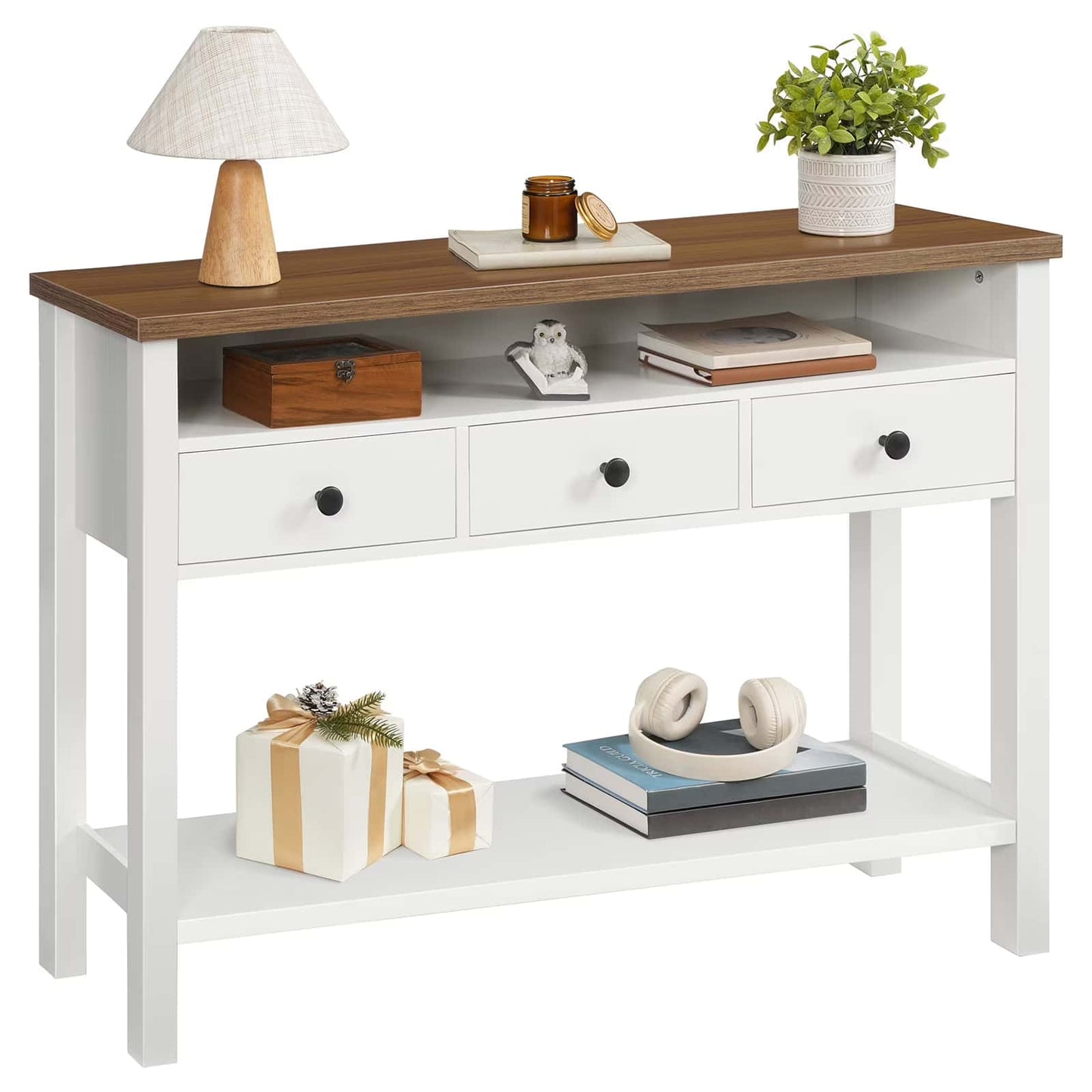 White console table with wooden top and decorative items on a white background