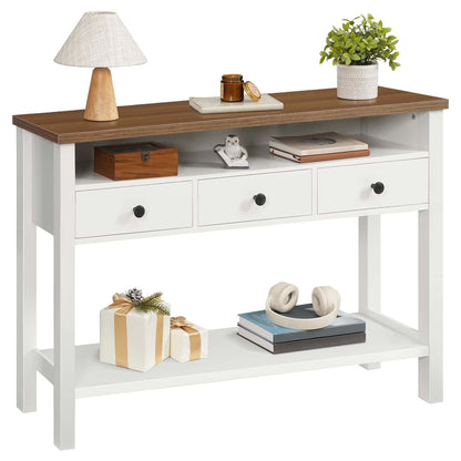 White console table with wooden top and decorative items on a white background