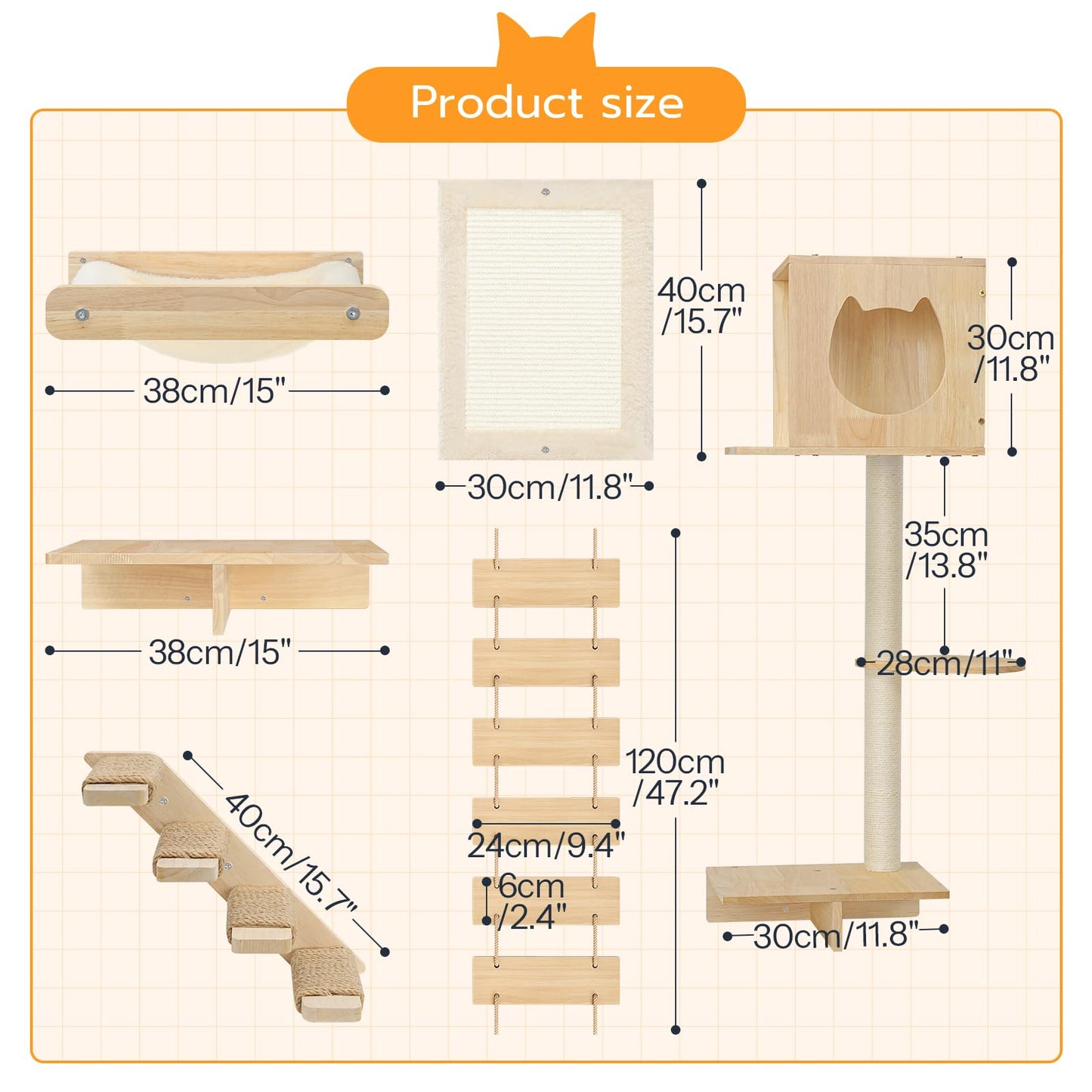 Wooden cat tree with labeled dimensions on a white background