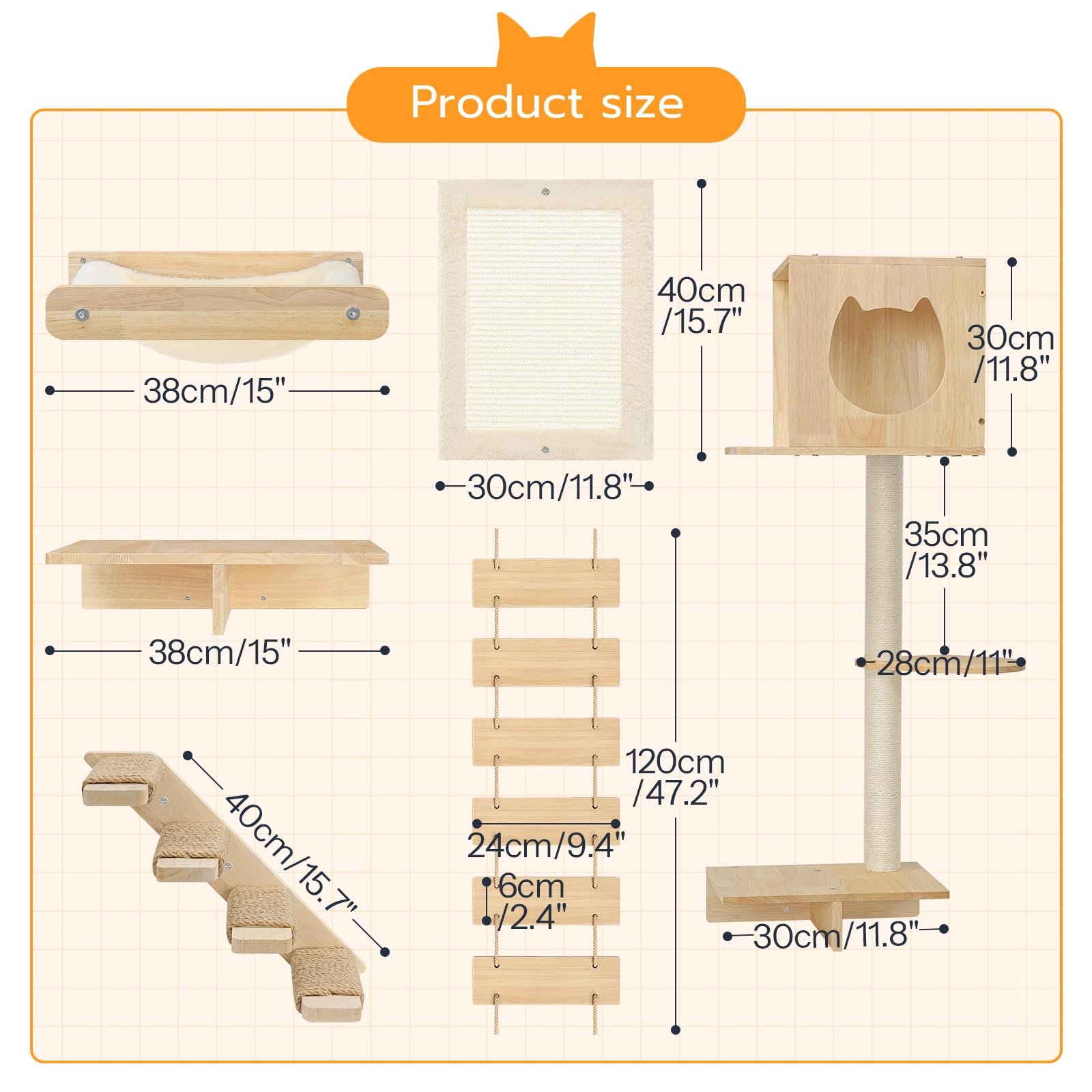 Wooden cat tree with labeled dimensions on a white background