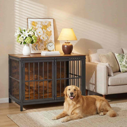Dog crate in a living room with a dog sitting on the floor.