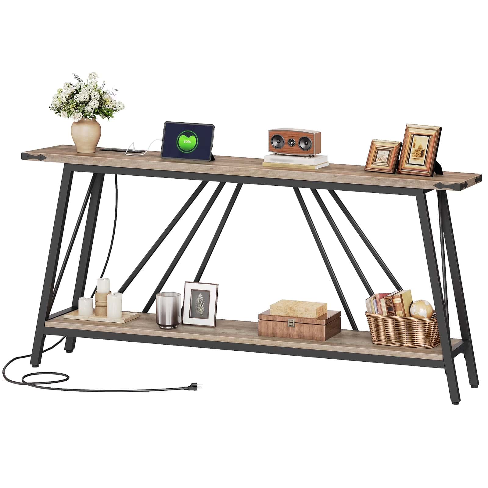 Wooden console table with black metal legs, decorative items on top and shelf.