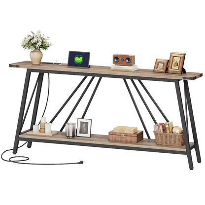 Wooden console table with black metal legs, decorative items on top and shelf.
