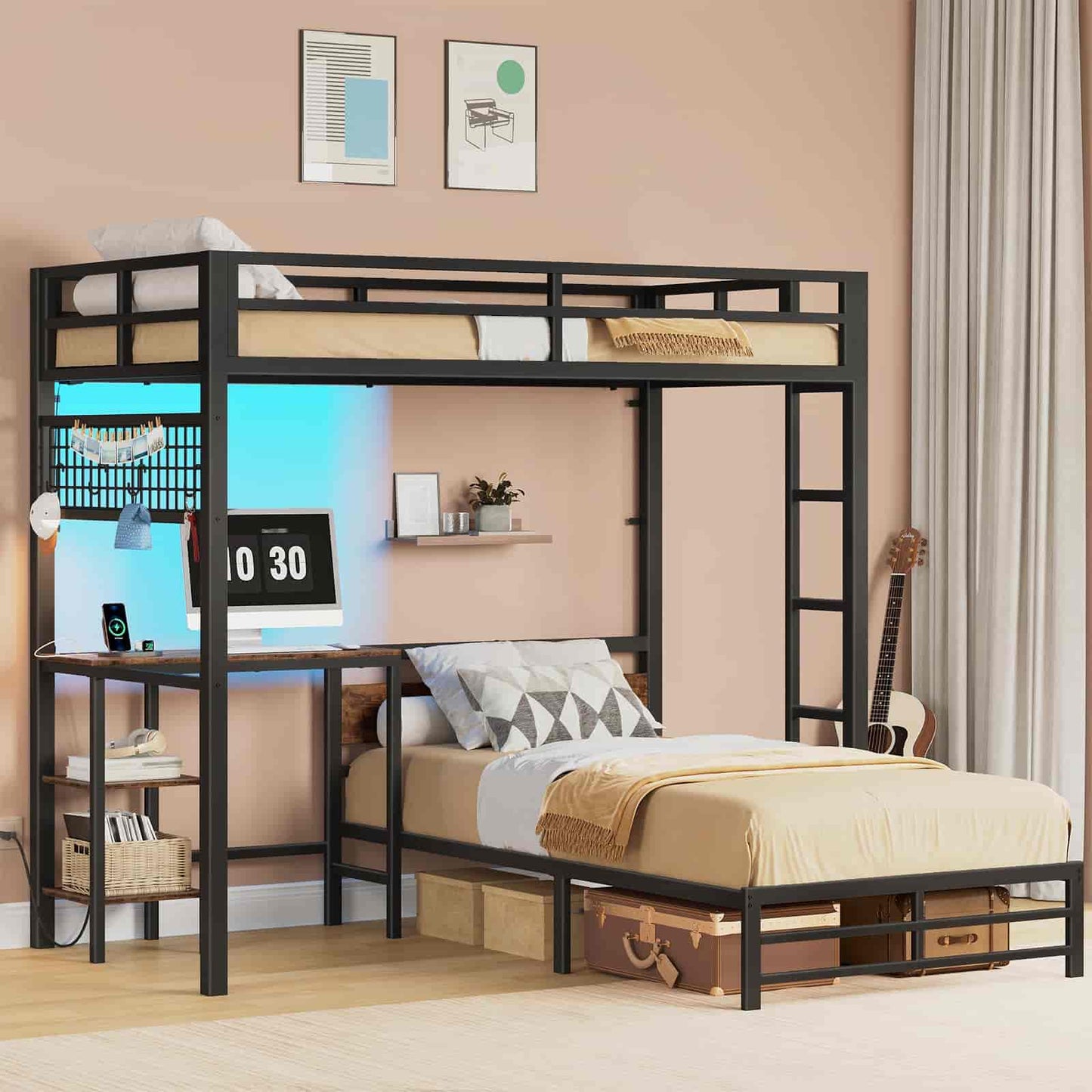 Black metal bunk bed with desk in a room setting