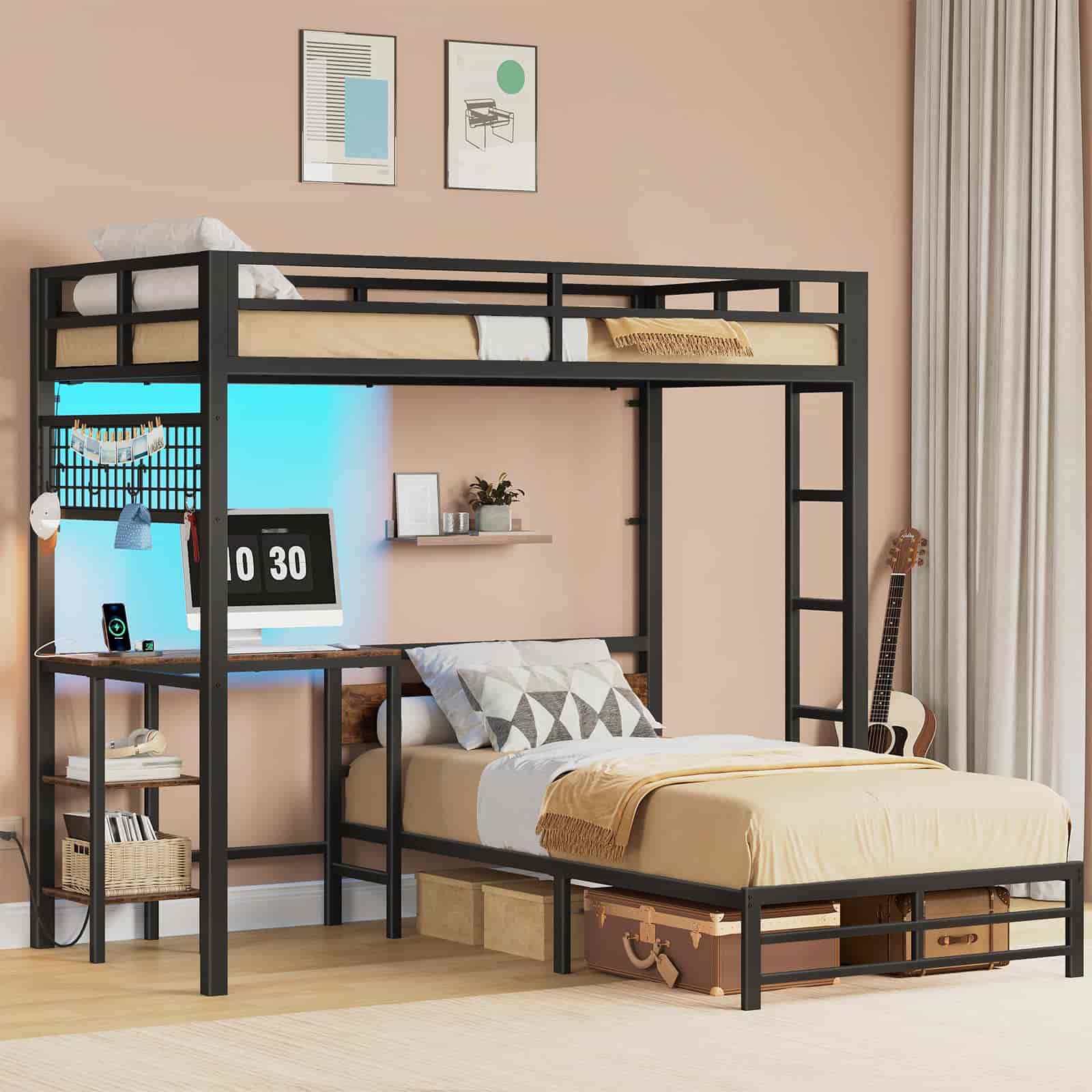 Black metal bunk bed with desk in a room setting