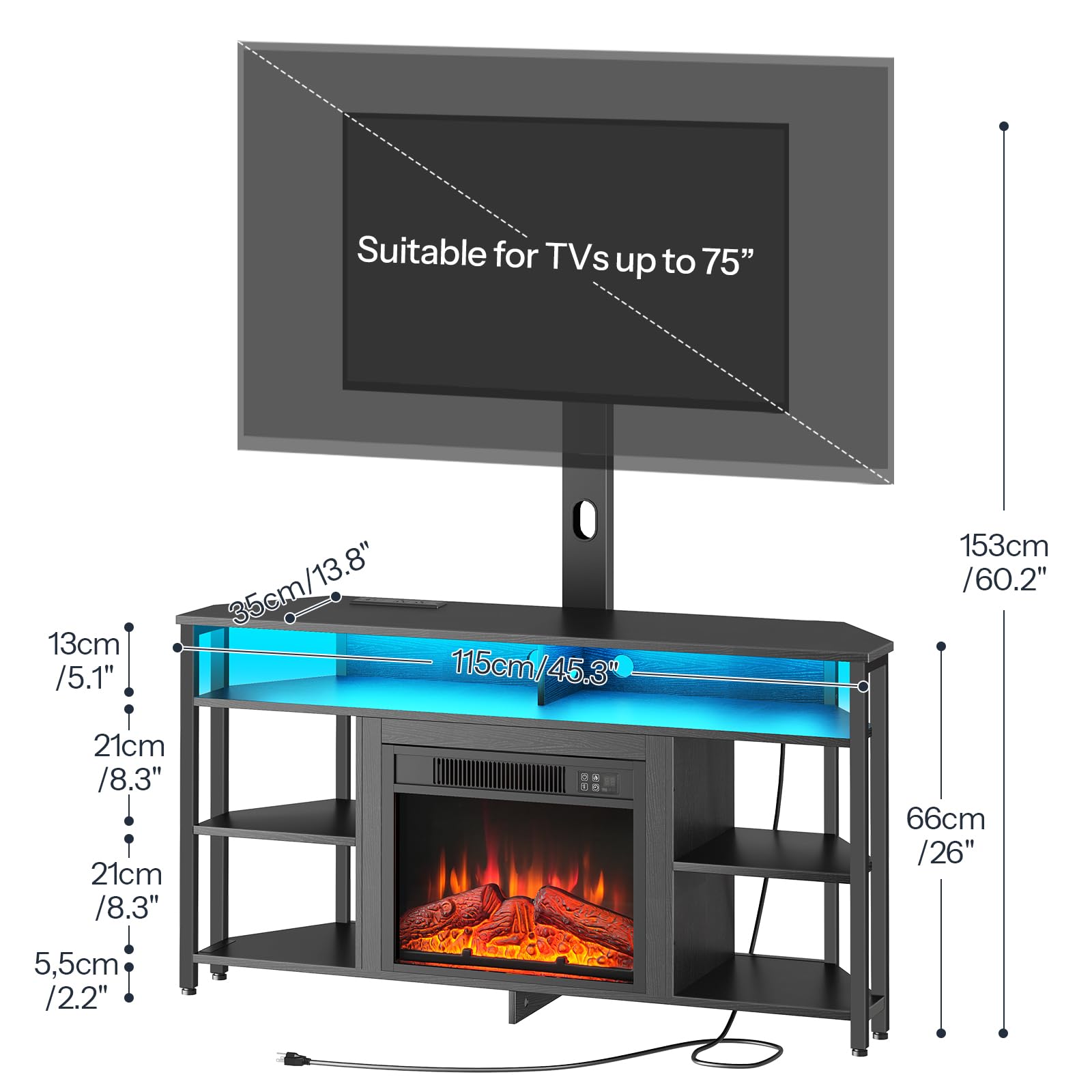 TV stand with electric fireplace and TV mount, showing dimensions on a white background