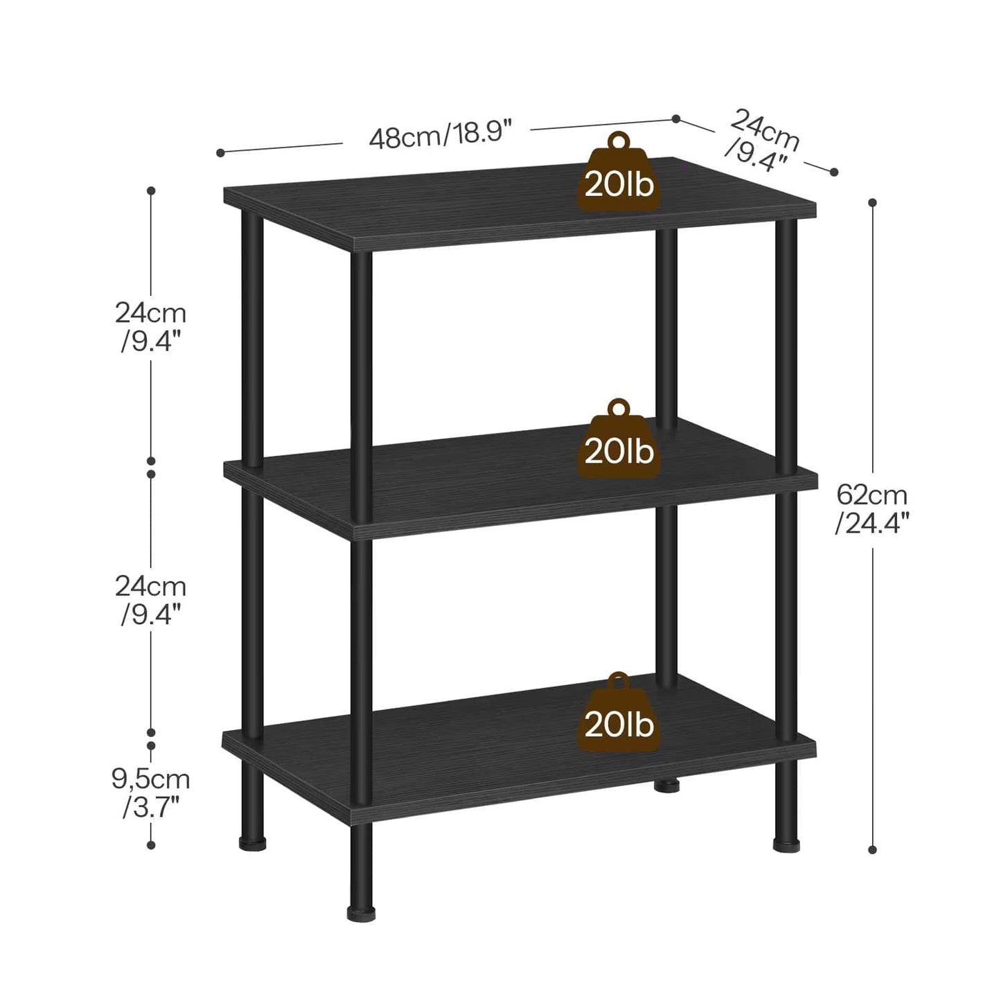 Black metal shelf with dimensions and weight capacity indicators on a white background