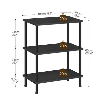 Black metal shelf with dimensions and weight capacity indicators on a white background