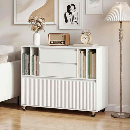 White storage cabinet with books and decorative items in a room setting