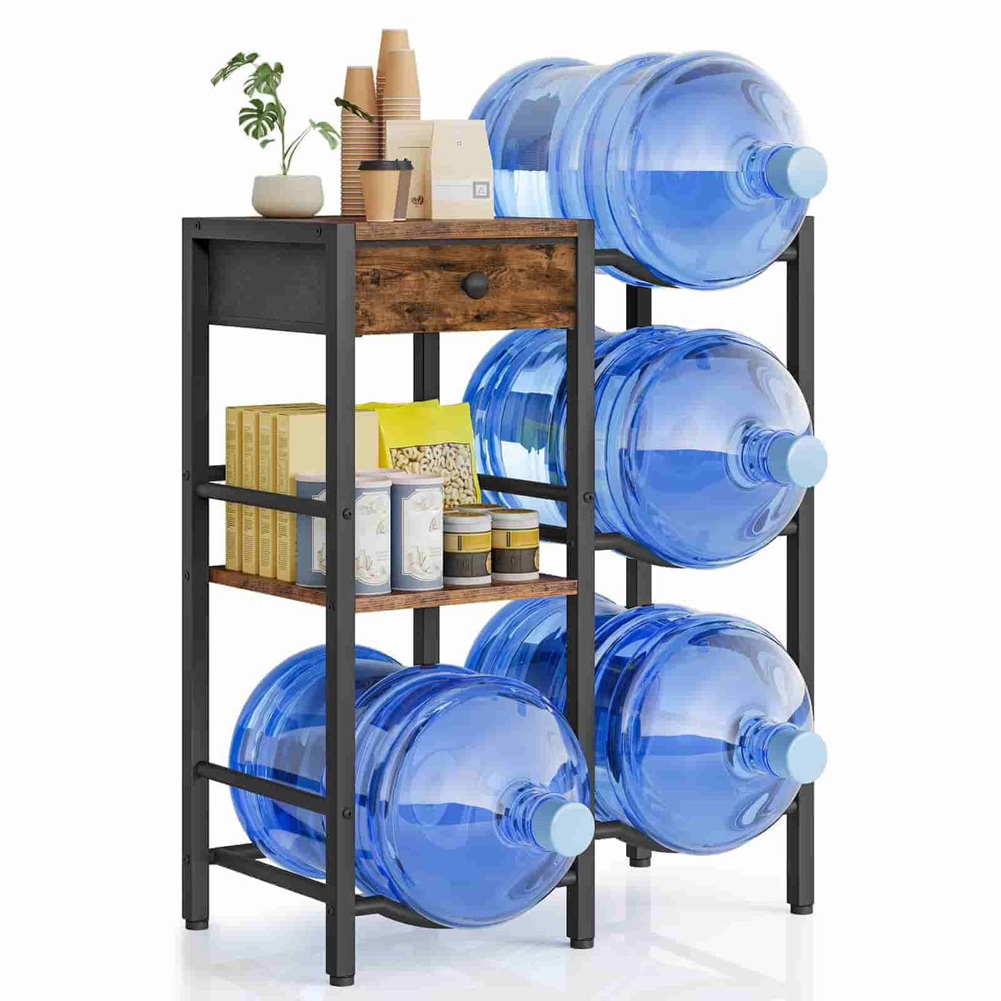 Four-tier metal shelf with blue water jugs on a white background