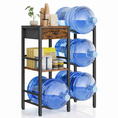 Four-tier metal shelf with blue water jugs on a white background