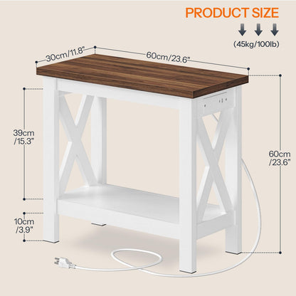 Wooden table with white metal frame and dimensions on a beige background