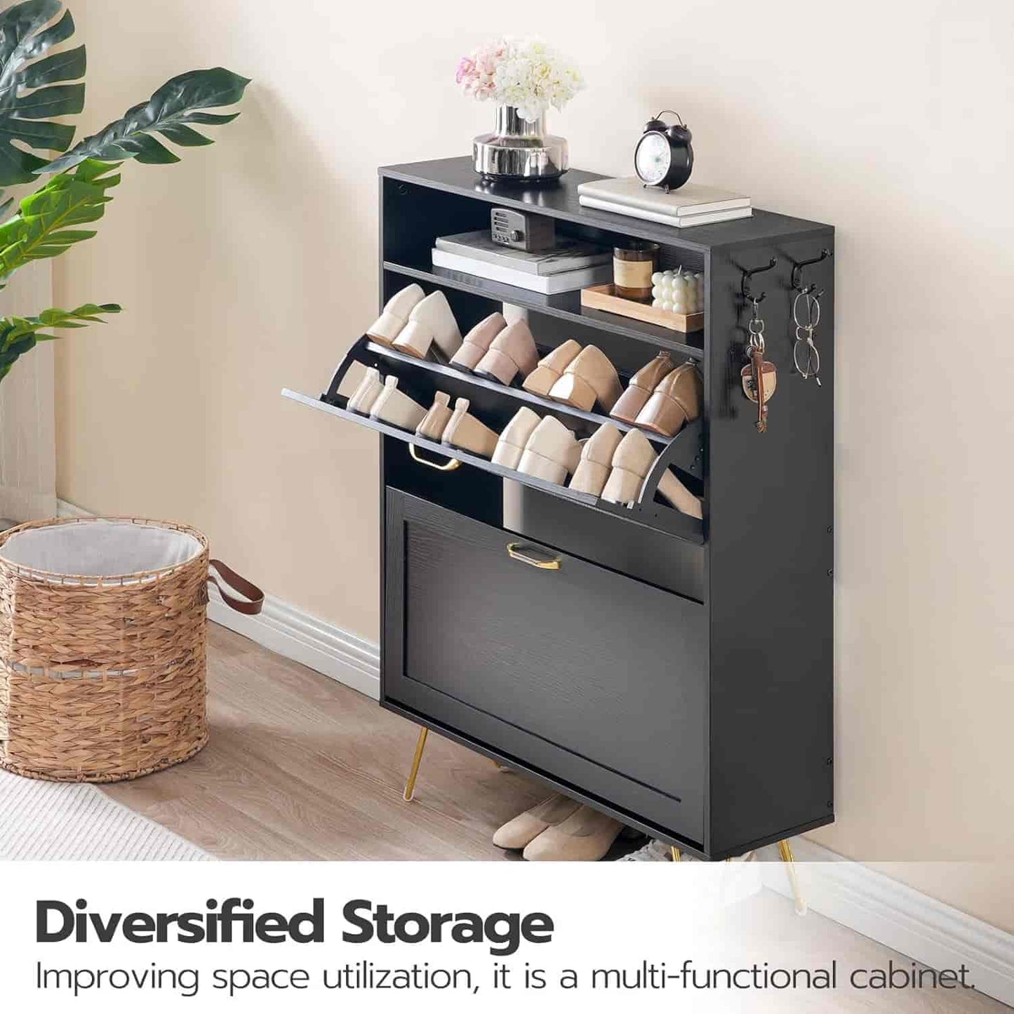 Black multi-functional cabinet with open shoe rack and storage compartments in a room setting.
