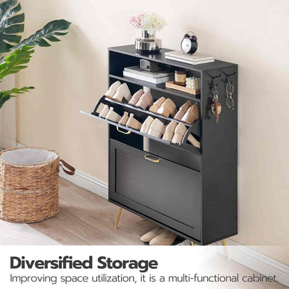 Black multi-functional cabinet with open shoe rack and storage compartments in a room setting.
