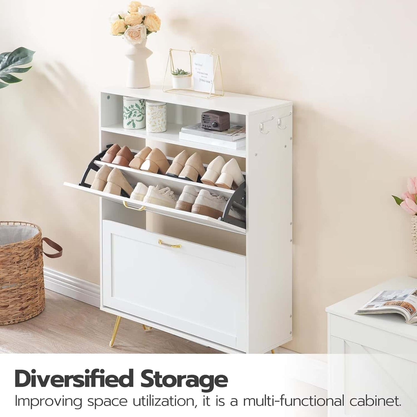 White shoe cabinet with open door displaying shoes and storage compartments in a room setting.