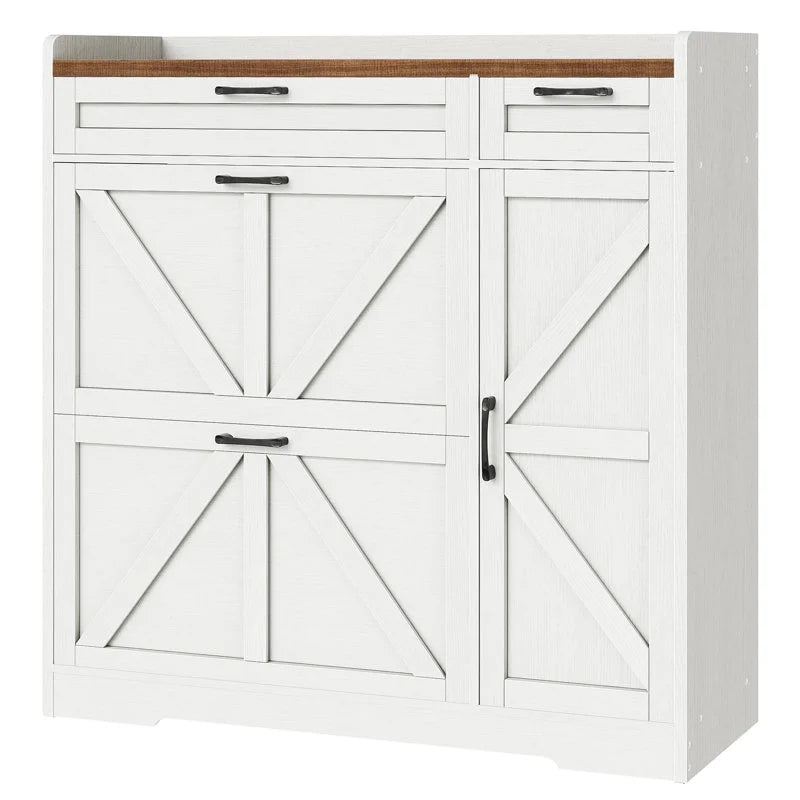White storage cabinet with wooden top and barn door design on a white background