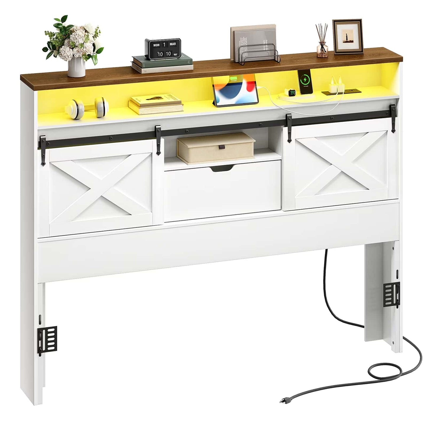 White desk with wooden top, shelves, and power outlet on a white background