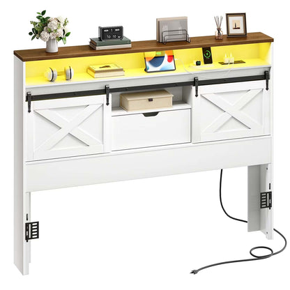 White desk with wooden top, shelves, and power outlet on a white background