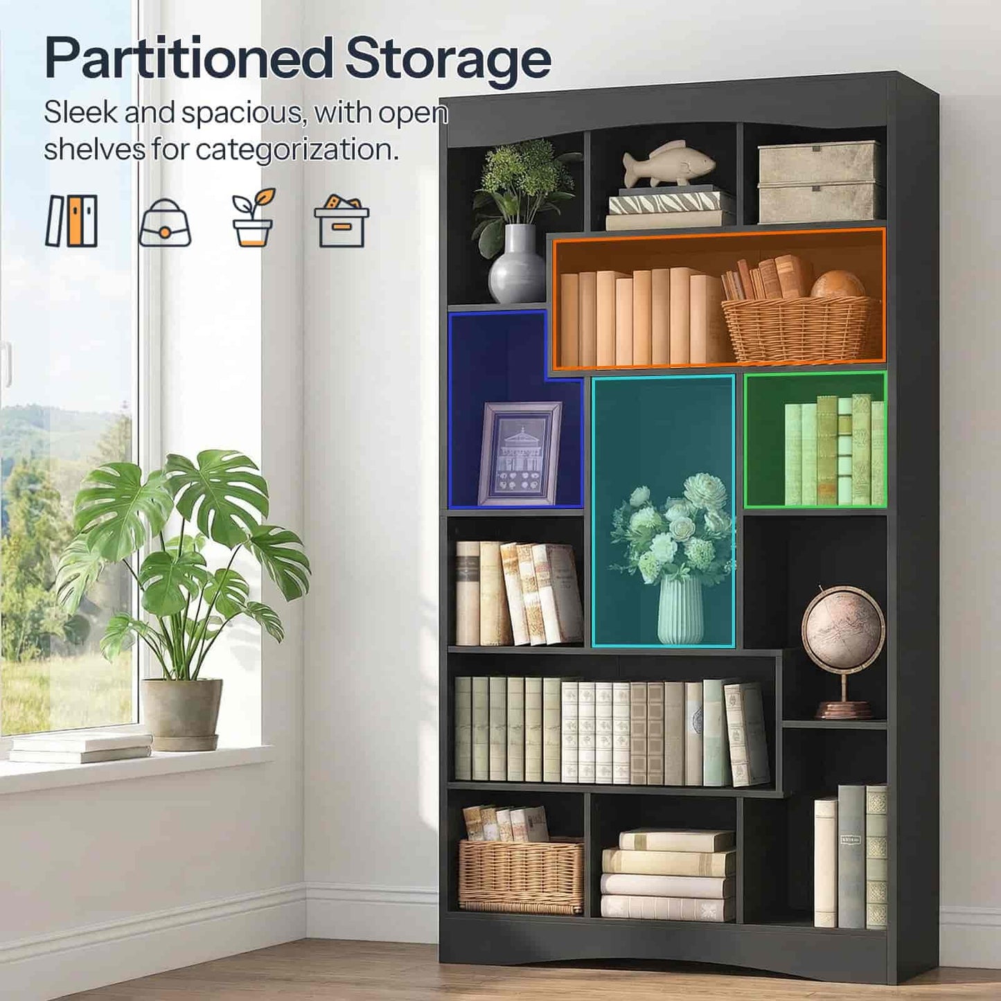 Black partitioned storage unit with books, plants, and decorative items in a room with a window.