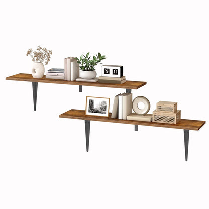 Two wooden shelves with decorative items on a white background