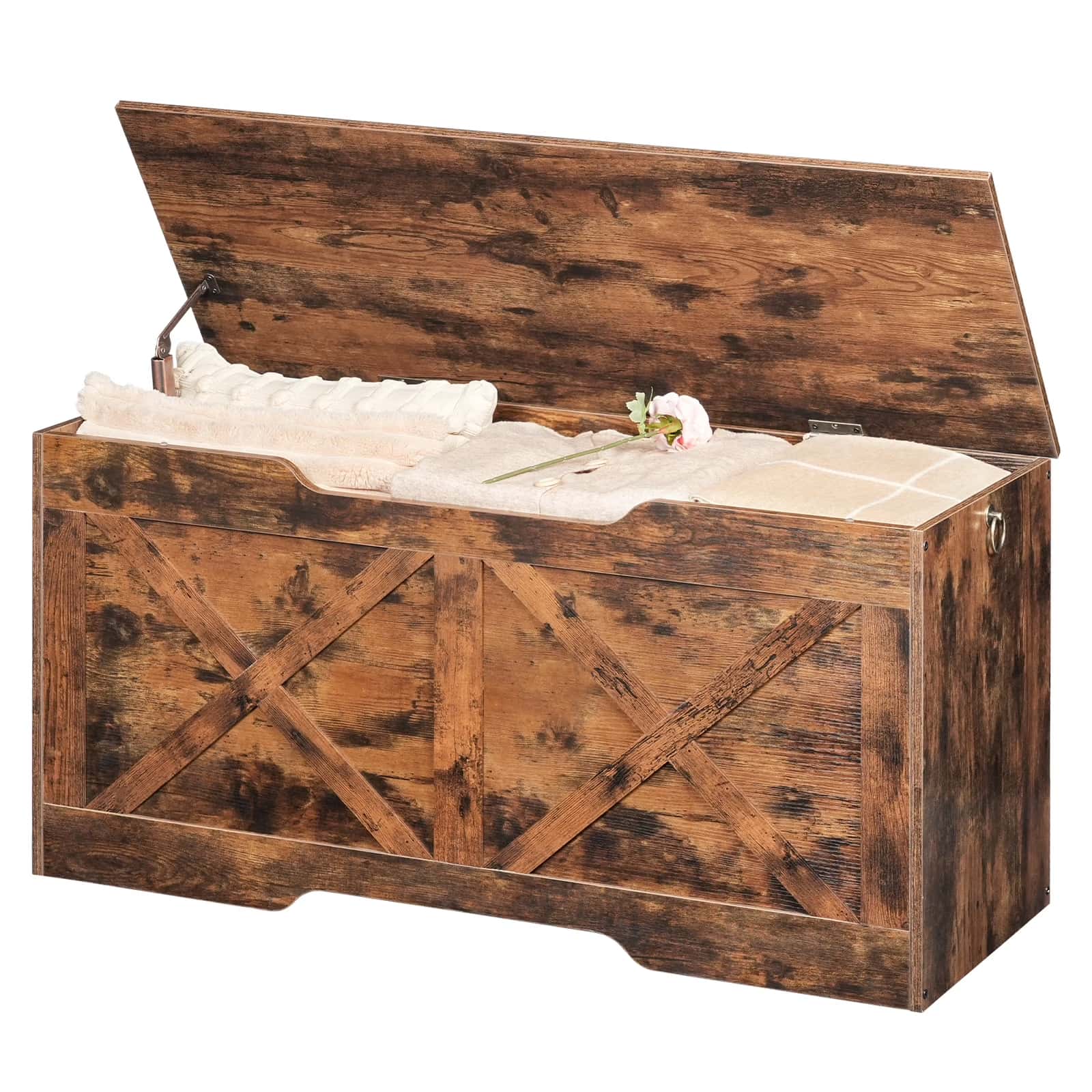 Wooden storage chest with a white interior on a white background