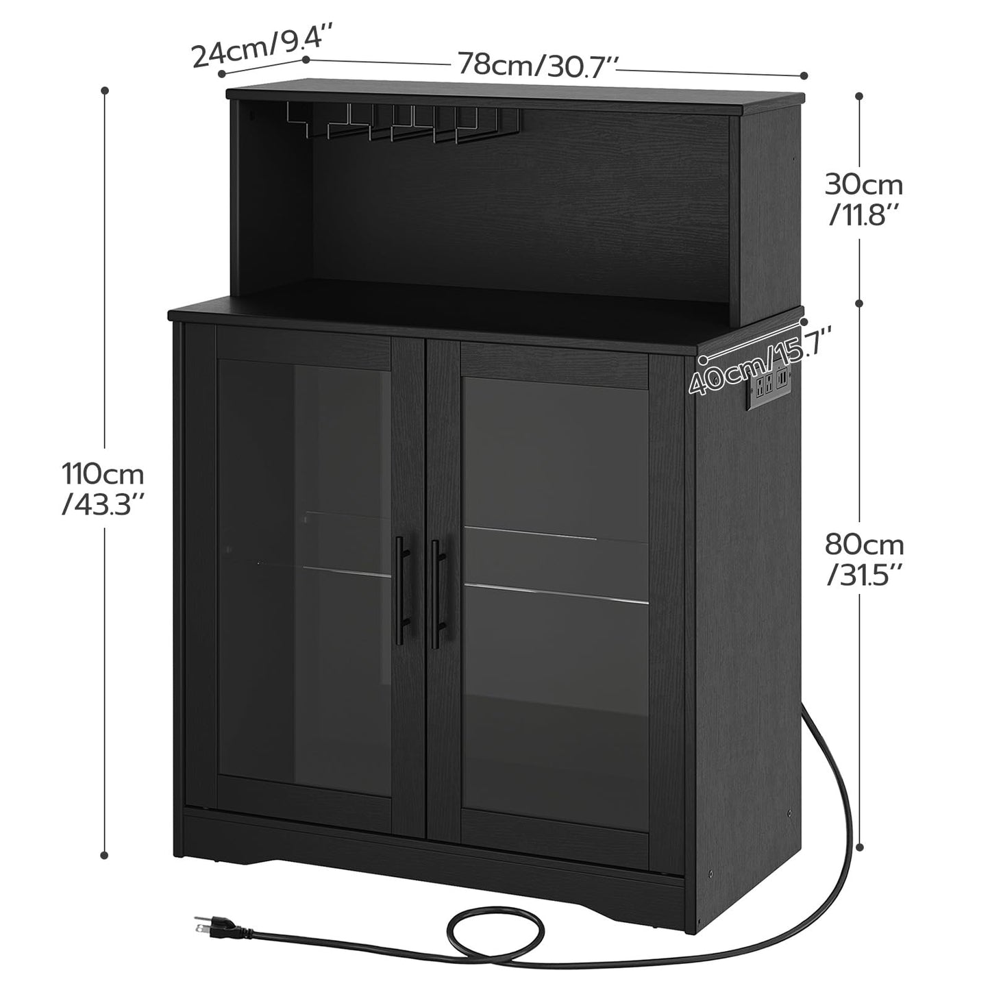 Black cabinet with dimensions labeled on a white background