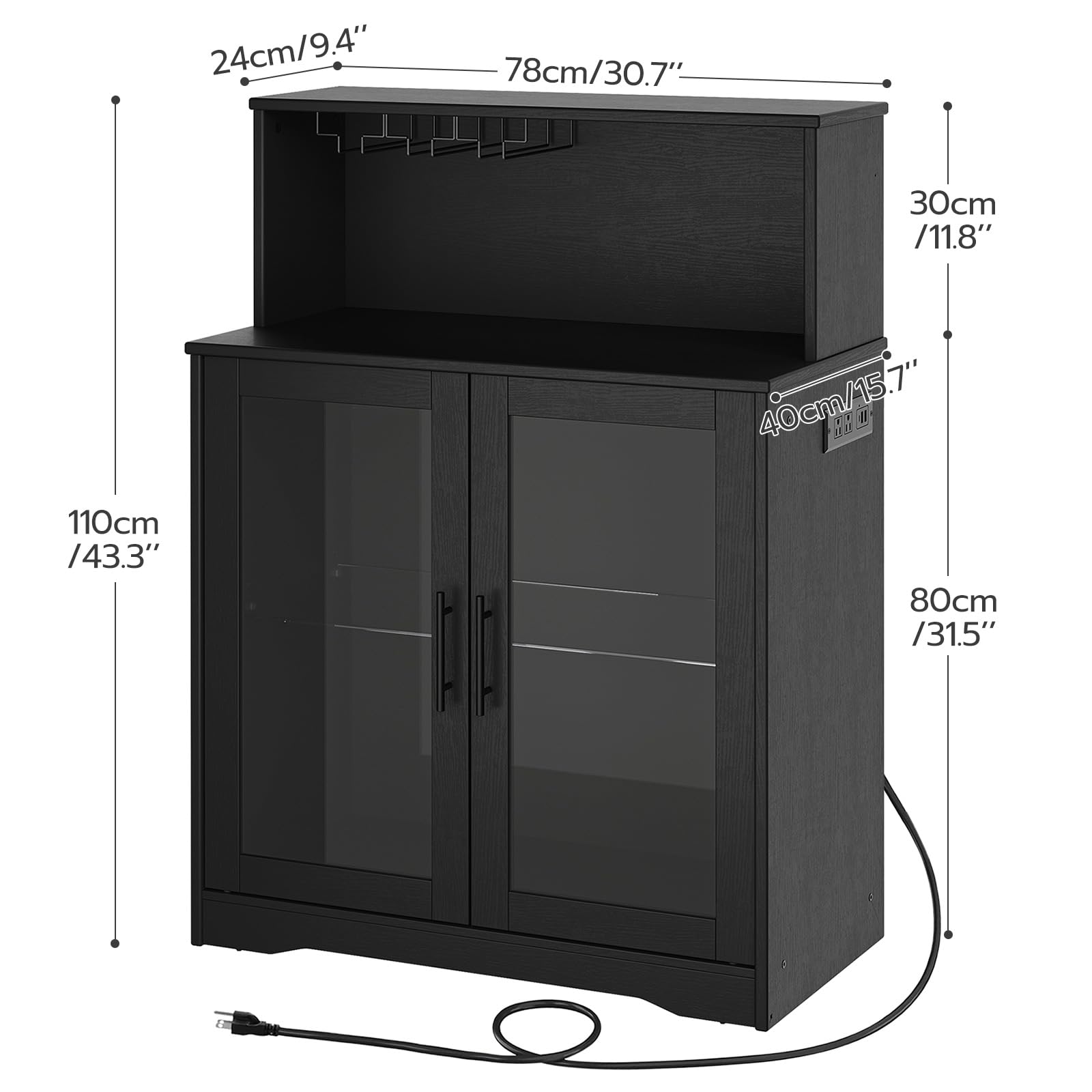 Black cabinet with dimensions labeled on a white background