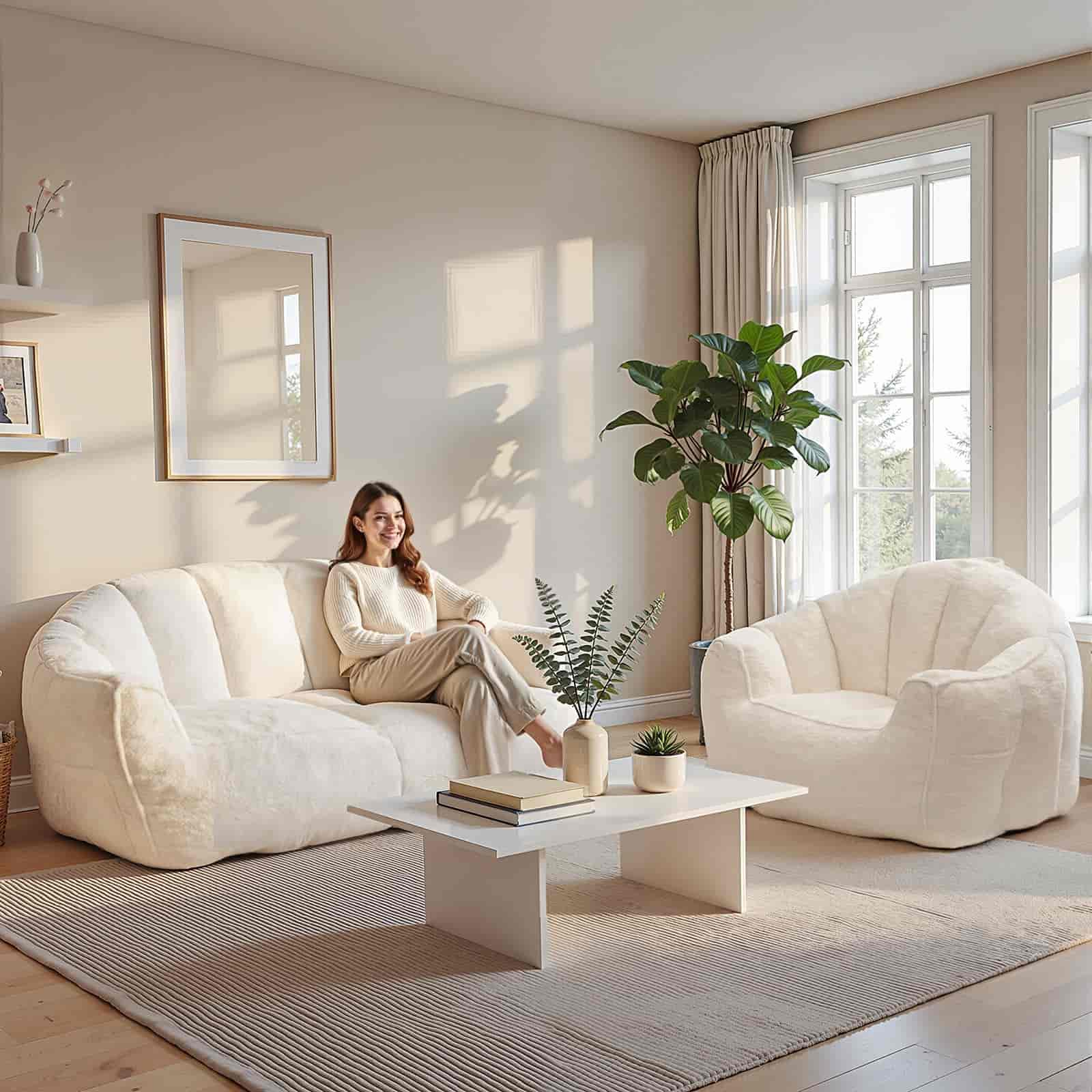 Woman sitting on a white sofa in a bright living room with large windows and decor.