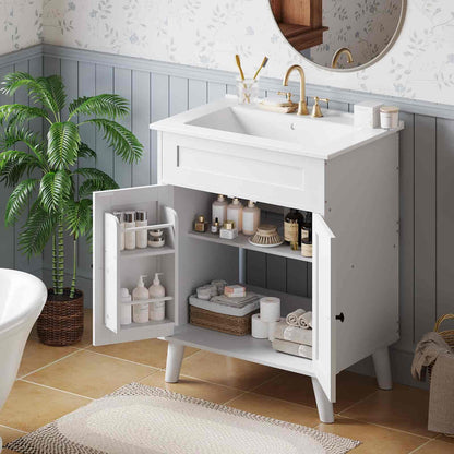 Bathroom vanity with open cabinet displaying toiletries, plant, and mirror.