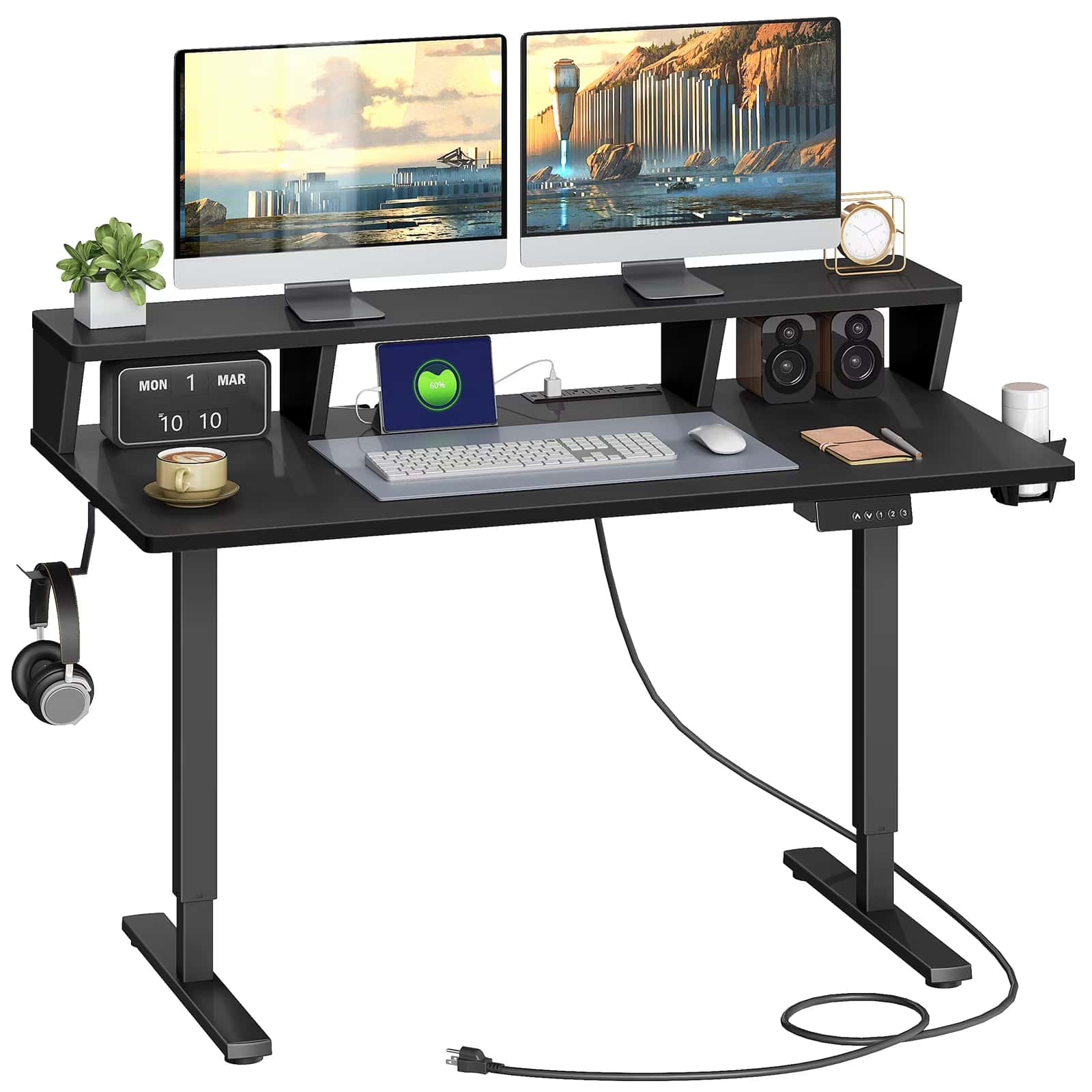 Black computer desk with two monitors, keyboard, mouse, and other accessories on a white background