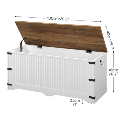 White storage bench with wooden lid and dimensions displayed